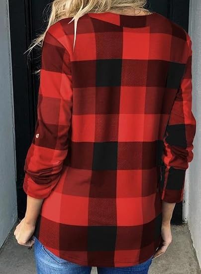 Red And Black Checkered Long Sleeve V-Neck Top image 4